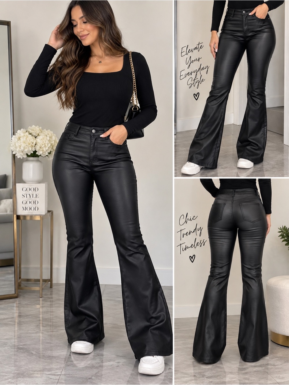 🩷. High-Rise Black Faux Leather Flared Pants - Women